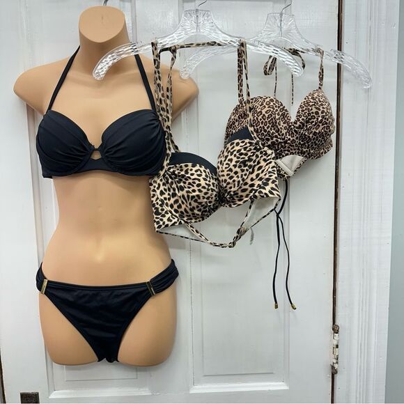 Victoria's Secret 4 pc mix match swimsuit black leopard women large 34B 36C - Picture 2 of 15